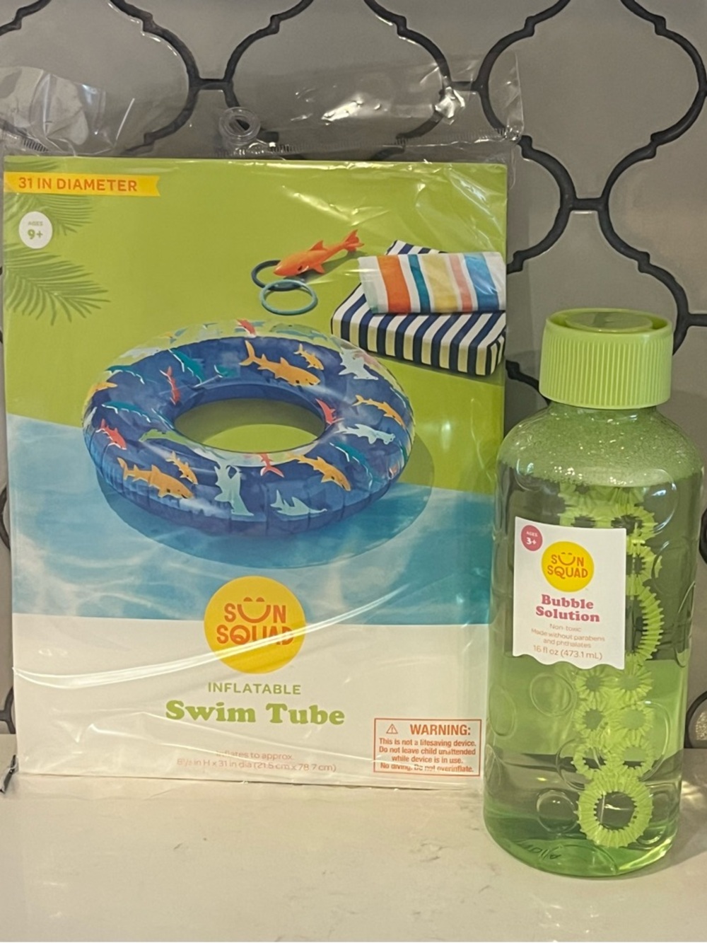 NWT Sun Squad Inflatable Sharks Swim Tube and Bubbles TWO PIECES Summer Fun